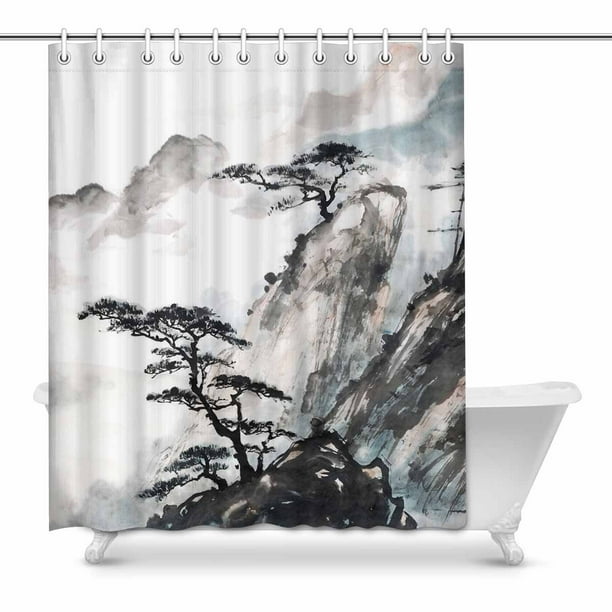 Waterproof Fabric Chinese Ink Painting Landscape Shower Curtain for Bathroom